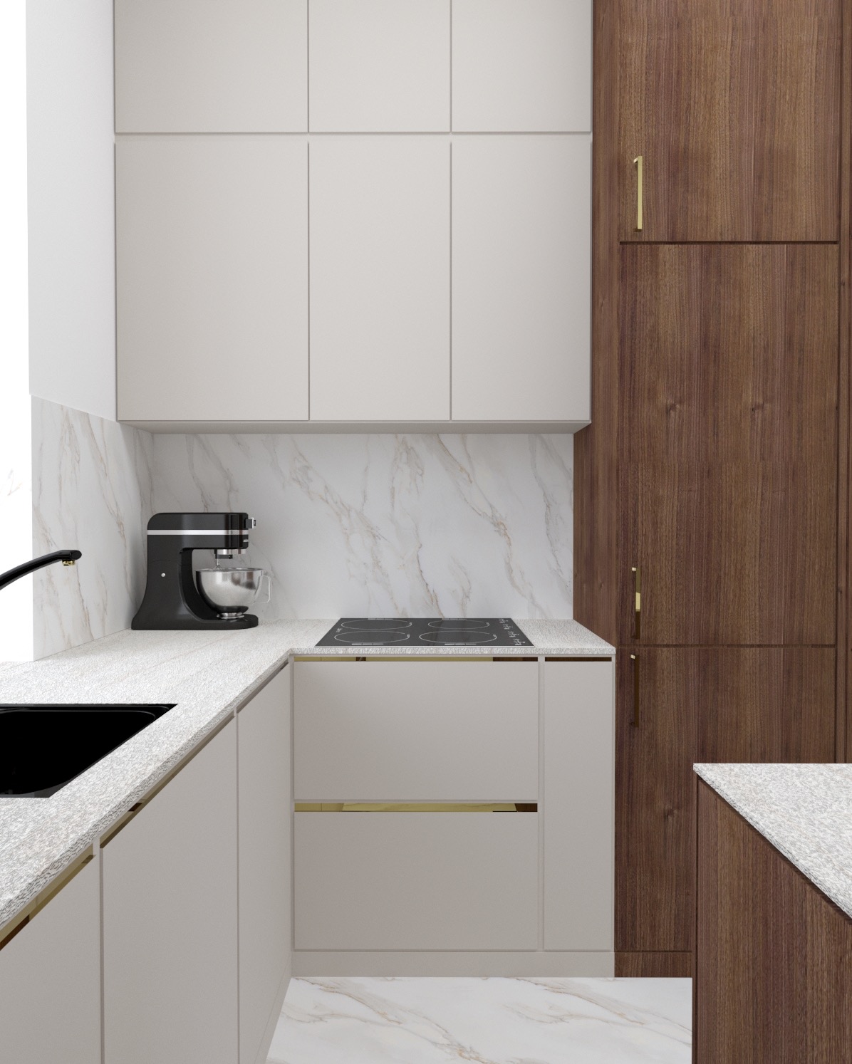 Nowoczesna kuchnia z białymi szafkami, blatem z efektem marmuru i drewnianymi akcentami. Na blacie czarny mikser i płyta indukcyjna. Minimalistyczny design.