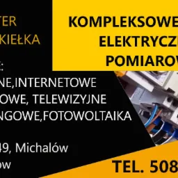 Reklama firmy P.H.U. Jupiter Janusz Kukiełka oferującej kompleksowe usługi elektryczne i pomiarowe, instalacje elektryczne, internetowe, domofonowe, telewizyjne, monitoringowe i fotowoltaiczne.