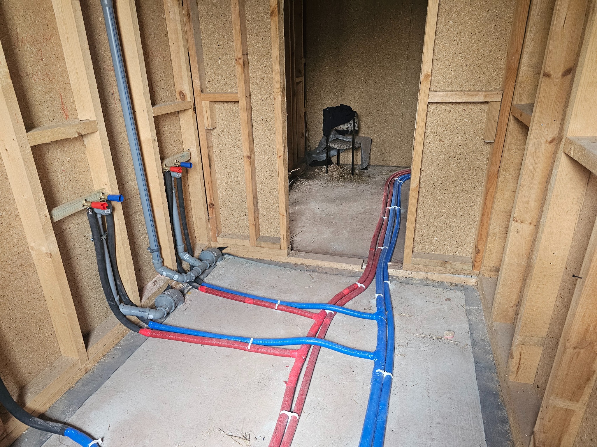 Instalacja wodno-kanalizacyjna w surowym stanie, z widocznymi rurami w kolorach niebieskim i czerwonym, przymocowanymi do drewnianej konstrukcji szkieletowej budynku.