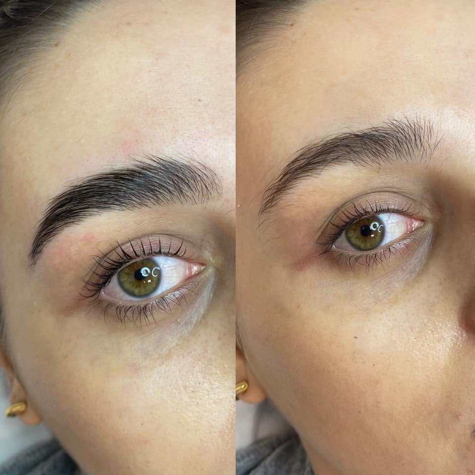 Porównanie oka i brwi przed i po zabiegu laminacji brwi i liftingu rzęs, widoczna różnica w definicji i uniesieniu włosków.