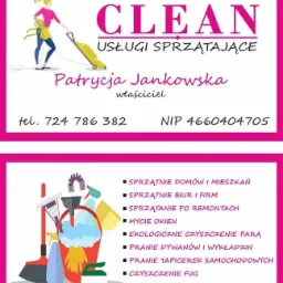 Wizytówka firmy sprzątającej z ilustracjami: kobieta z odkurzaczem, wiadro z przyborami i listą oferowanych usług.
