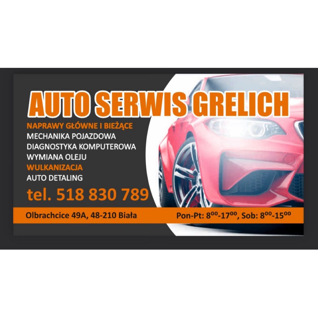 Reklama warsztatu samochodowego Auto Serwis Grelich z czerwonym sportowym autem w tle, oferującego naprawy, mechanikę, diagnostykę komputerową, wymianę oleju, wulkanizację i auto detailing; adres...