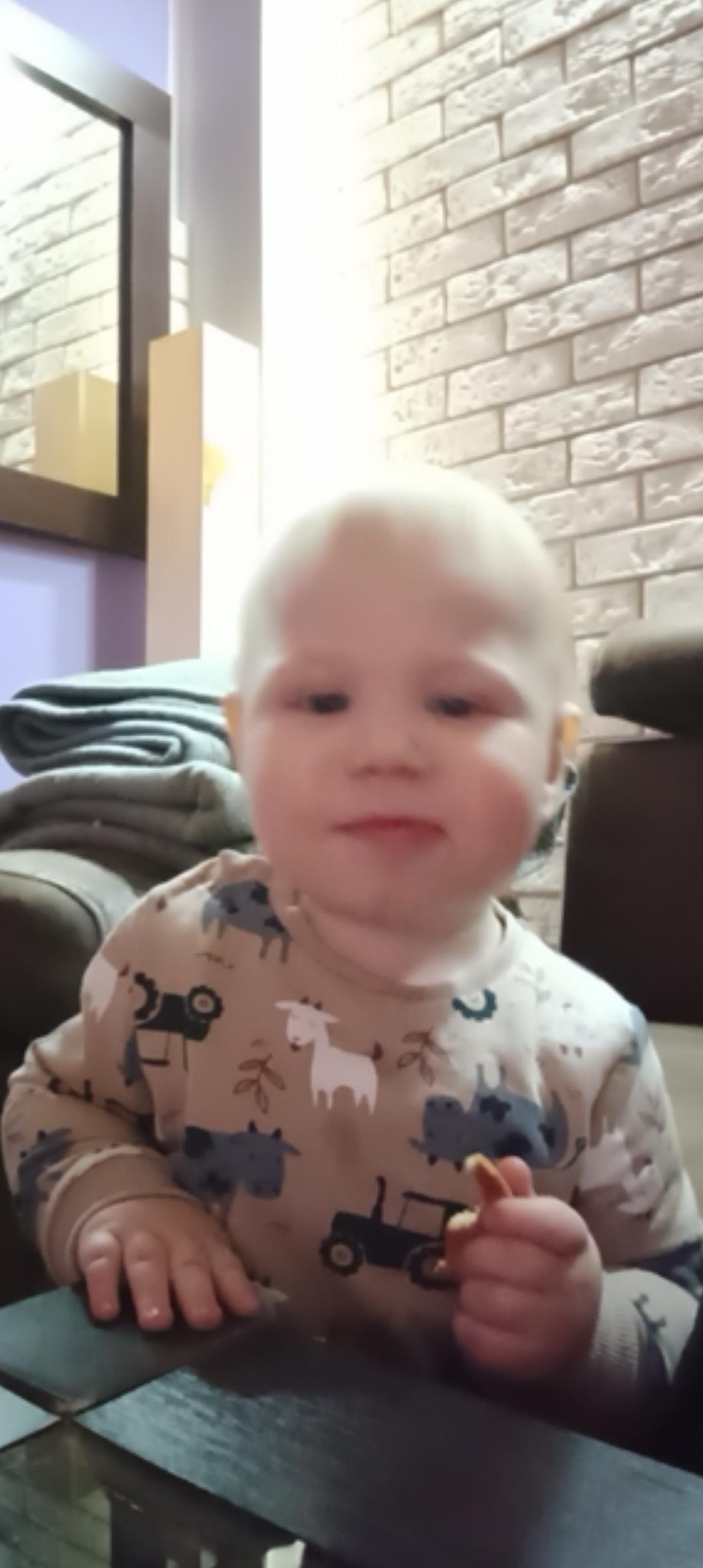 Roczne dziecko w bluzie z motywem zwierząt trzyma w dłoni biszkopt na tle ceglanej ściany i ciemnego stolika.