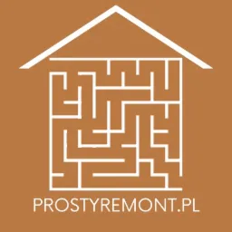 Logo firmy remontowej: biały labirynt w kształcie domu na brązowym tle, napis PROSTYREMONT.PL