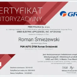 Certyfikat autoryzacyjny firmy FREE POLSKA Sp. z o.o. dla Romana Śmieżewskiego, autoryzowanego instalatora urządzeń klimatyzacyjnych i chłodniczych GREE, ważny do 2026-04-05.