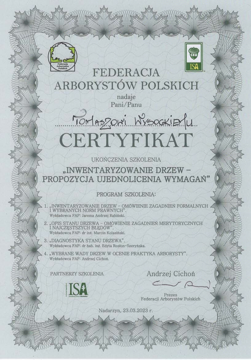 Skan certyfikatu ukończenia szkolenia Federacji Arborystów Polskich z zakresu inwentaryzacji drzew, z podpisem Prezesa Andrzeja Cichonia i datą 23.03.2023.