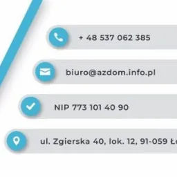 Dane kontaktowe firmy z Łodzi: numer telefonu, adres e-mail, NIP oraz adres siedziby na ulicy Zgierskiej 40.