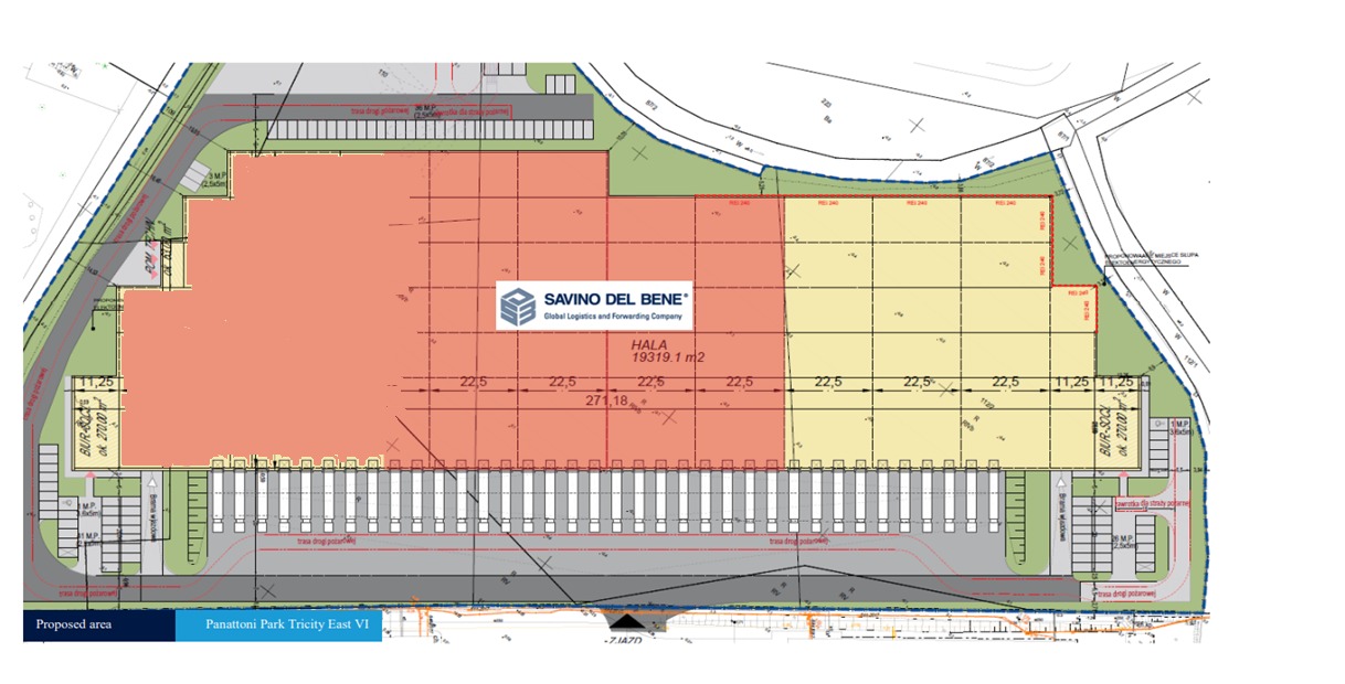 Plan zagospodarowania przestrzennego hali magazynowej Savino Del Bene w Panattoni Park Tricity East VI, z zaznaczonymi wymiarami i podziałem na strefy.