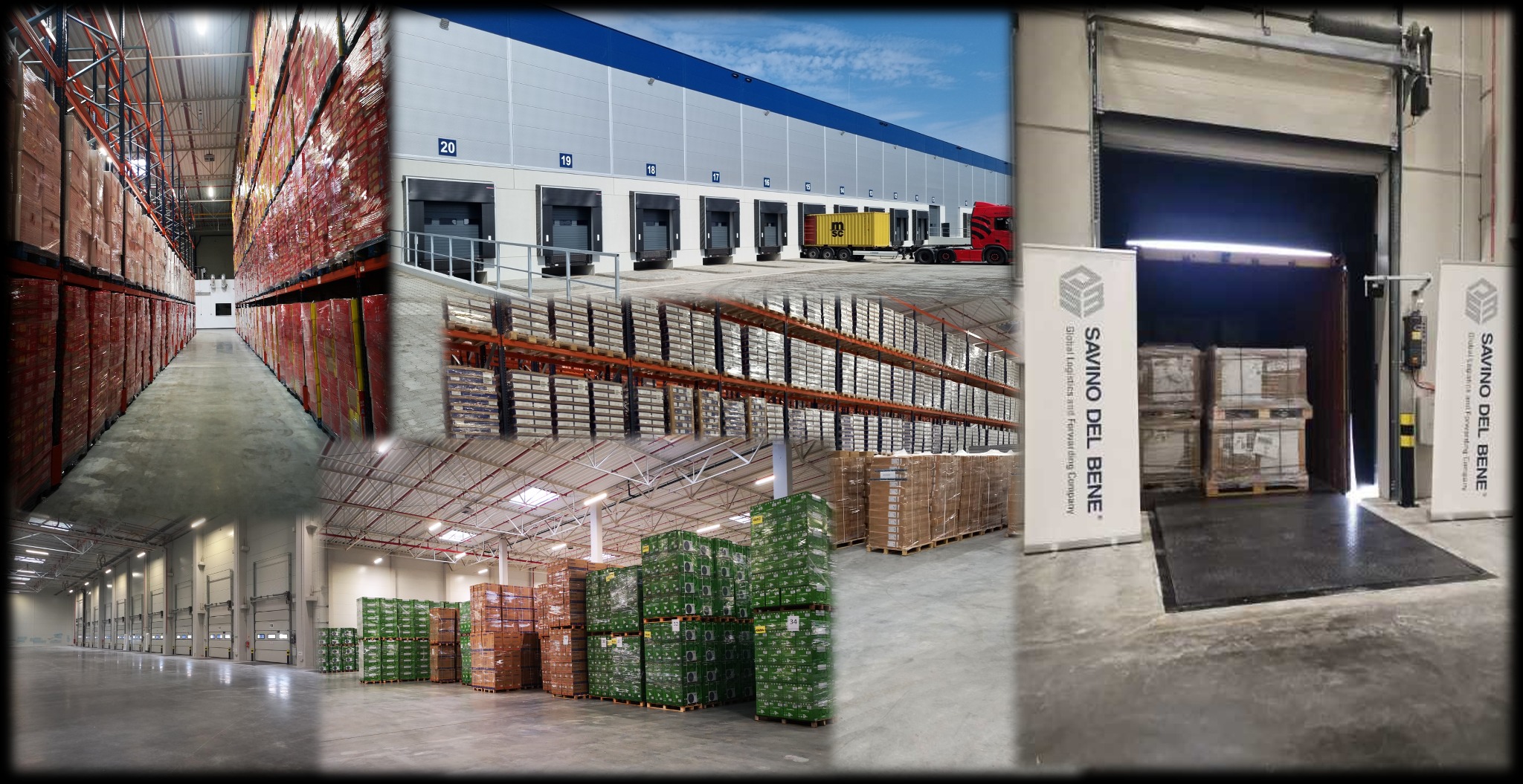 Kompozycja zdjęć przedstawiająca wnętrze i zewnętrze magazynu wysokiego składowania z rampami rozładunkowymi, regałami wypełnionymi towarem na paletach, oraz ciężarówką przy rampie.