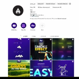 Ekran profilu na Instagramie użytkownika aress_ae, prezentujący logo, liczbę obserwujących (30,5 tys.), posty z tutorialami After Effects, w tym efekty dymu, trawy na wietrze i łatwej edycji.