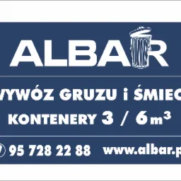 Grafika reklamowa firmy Albar oferującej kontenery 3/6m3 oraz wywóz gruzu i śmieci, z numerem telefonu i adresem strony internetowej, na ciemnoniebieskim tle.