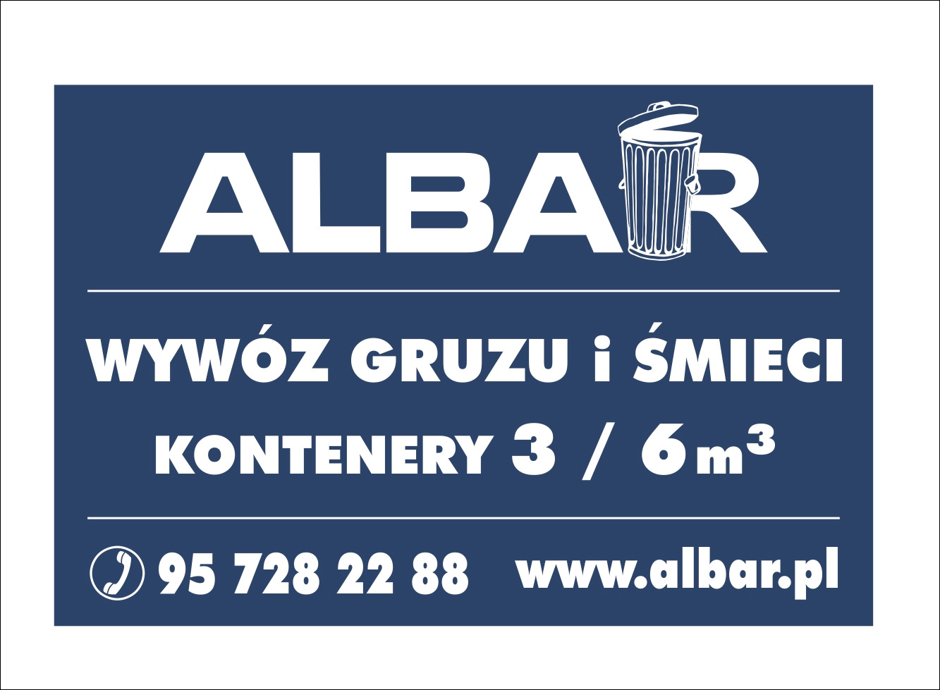 Grafika reklamowa firmy Albar oferującej kontenery 3/6m3 oraz wywóz gruzu i śmieci, z numerem telefonu i adresem strony internetowej, na ciemnoniebieskim tle.