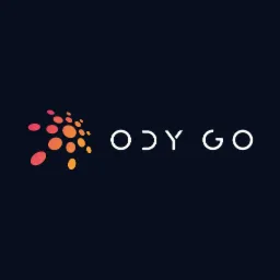 Logo firmy Ody Go z gradientem kolorów na kropkach po lewej stronie, na ciemnym tle.