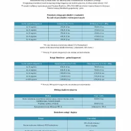 Cennik usług księgowych i kadrowo-płacowych, z wyszczególnieniem cen za ewidencję, księgi handlowe i obsługę kadrową, z logo firmy 'AMmissione'.