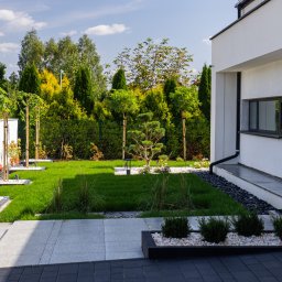 TRZPIOT COMPANY Aleksandra Trzpiot - Nowoczesny ogród przydomowy z równo przystrzyżonym trawnikiem, ozdobnymi drzewami i krzewami, ścieżką z jasnych płyt oraz ciemnej kostki, oświetlony lampami ogrodowymi, na tle białego budynku.