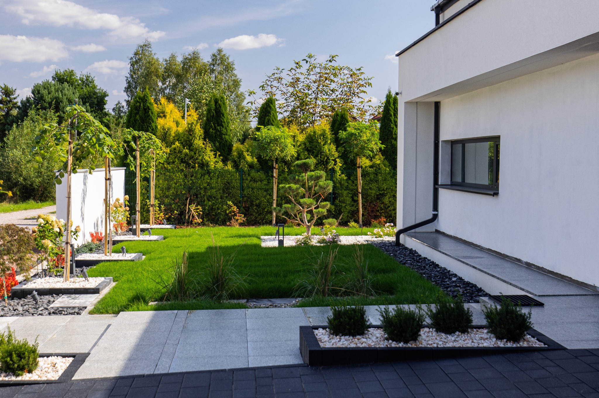 Nowoczesny ogród przydomowy z równo przystrzyżonym trawnikiem, ozdobnymi drzewami i krzewami, ścieżką z jasnych płyt oraz ciemnej kostki, oświetlony lampami ogrodowymi, na tle białego budynku.