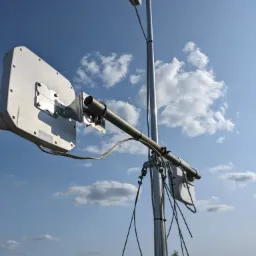 Antena radiowa zamontowana na metalowym maszcie na tle błękitnego nieba z chmurami i zieleni drzew. Widoczne kable i elementy mocujące.