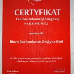 Certyfikat Centrum Informacji Księgowej wydany dla Biura Rachunkowego Grażyna Król, potwierdzający pozytywną weryfikację usług księgowych, data wydania 01.07.2022.