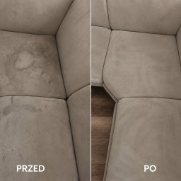 KC Professional cleaning - Beżowa narożna kanapa przed i po usunięciu zabrudzeń: lewy segment z widocznymi zaschniętymi plamami, prawy segment z odnowioną, czystą tapicerką.