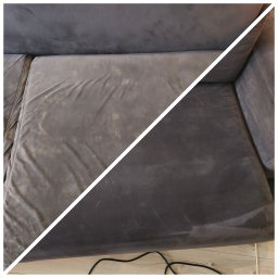 KC Professional cleaning - Ciemnoszara welurowa poduszka kanapy podzielona na dwie części: przed czyszczeniem z widocznymi jasnymi plamami i po, z odświeżonym, jednolitym kolorem. Na dole widoczny fragment drewnianej podłogi...