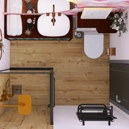 Widok z góry na wizualizację łazienki z kabiną prysznicową typu walk-in, umywalką nablatową z armaturą w odcieniach miedzi, toaletą i grzejnikiem drabinkowym w kolorze czarnym; podłoga wyłożona...