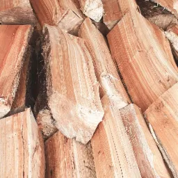 Stos pociętego drewna kominkowego z widocznymi słojami i korą, ułożonego pod kątem.
