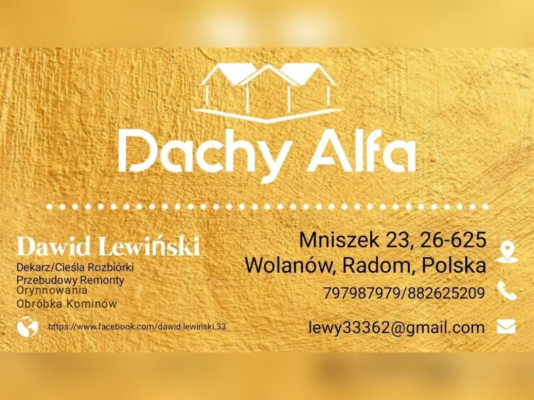 Wizytówka firmy dekarskiej Dachy Alfa z danymi kontaktowymi Dawida Lewińskiego, adresem w Mniszku koło Radomia, numerami telefonów i adresem e-mail, na tle imitującym strukturę drewna.
