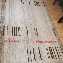 Marcin Gaworczyk - Dywan w odcieniach beżu i brązu z geometrycznym wzorem, widoczna różnica w czystości pomiędzy obszarem 'po praniu' a 'przed praniem'.