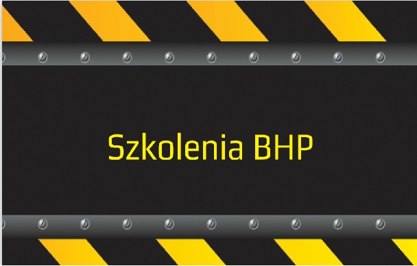 Grafika z napisem 'Szkolenia BHP' na czarnym tle, obramowana żółto-czarnymi pasami ostrzegawczymi i metalowymi listwami z nitami.