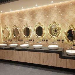 A.M.G. KATOWICE SPÓŁKA Z OGRANICZONĄ ODPOWIEDZIALNOŚCIĄ - Luksusowa łazienka publiczna z sześcioma owalnymi umywalkami i ozdobnymi, złotymi lustrami na ścianie w kwiatowy wzór, oświetlona punktowo.