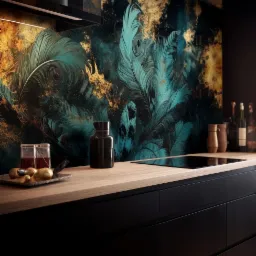 Nowoczesna kuchnia z czarnymi szafkami i blatem z jasnego drewna, ozdobny panel szklany z motywem piór w odcieniach złota i turkusu.