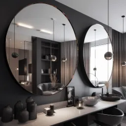 Dwa owalne lustra z miedzianą ramą na ciemnoszarej ścianie, odbijające wnętrze salonu z półkami na książki i wiszącymi lampami kulami, na blacie dekoracyjne wazony i świece.