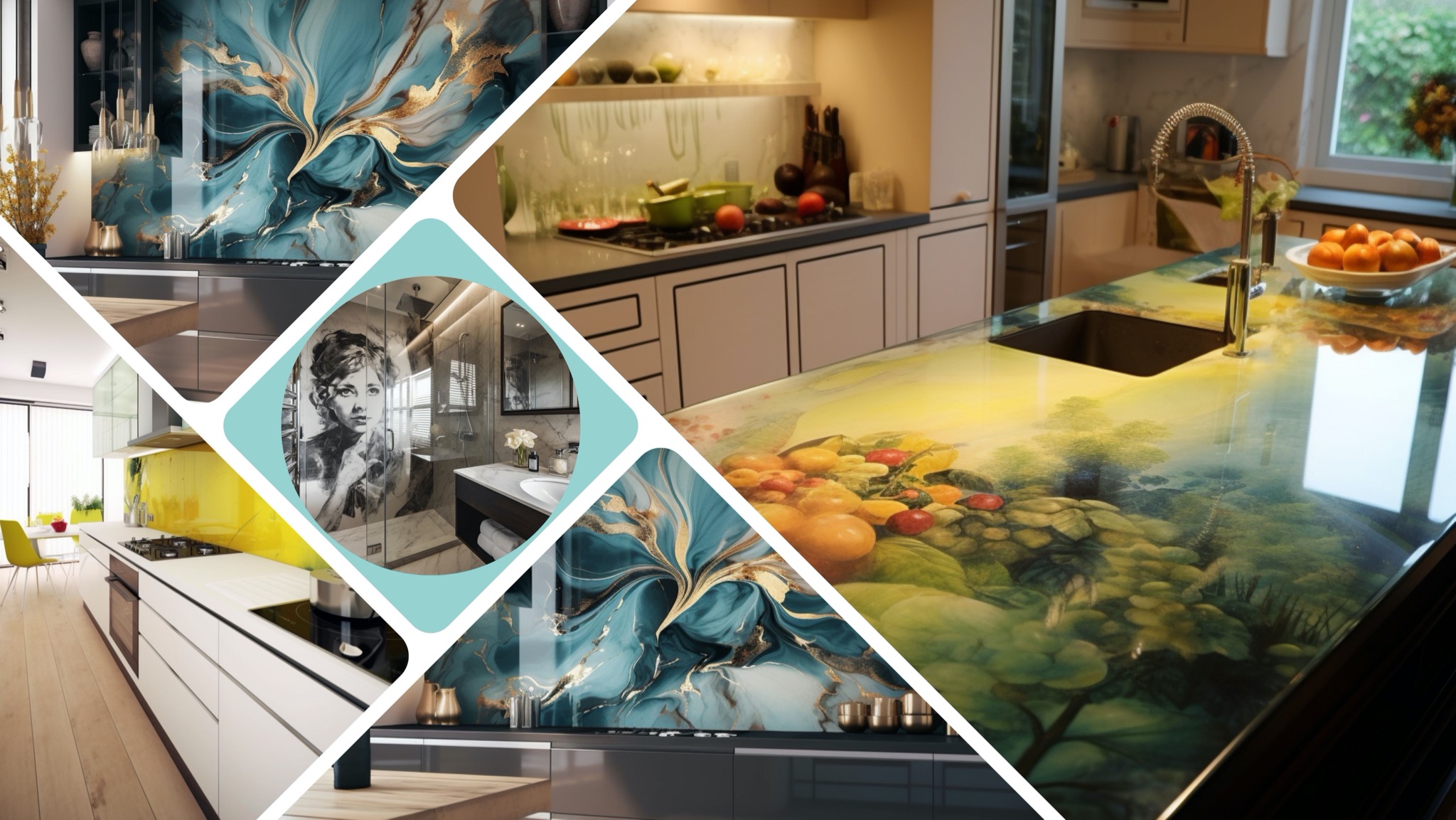 Kolaż przedstawiający aranżacje wnętrz: kuchnie z panelami szklanymi i blatem z motywem pejzażu, łazienka z kabiną prysznicową z grafiką. Nowoczesny design.