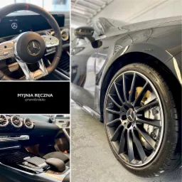 Wielopanelowe ujęcie wnętrza i karoserii czarnego Mercedesa AMG po umyciu: kierownica z czerwonym przeszyciem, błyszcząca deska rozdzielcza, felga z logo i opona Pirelli.