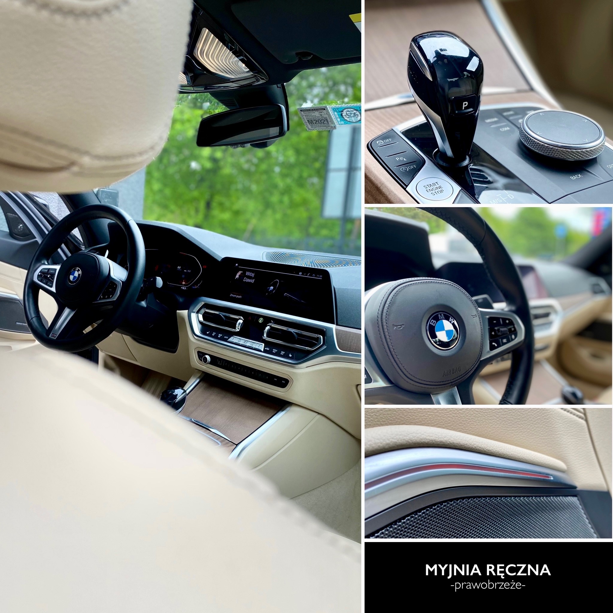 Wnętrze luksusowego samochodu BMW po detailingu, beżowa skórzana tapicerka, drewniane wykończenia, czysta deska rozdzielcza, widoczny panel sterowania i kierownica z logo BMW.