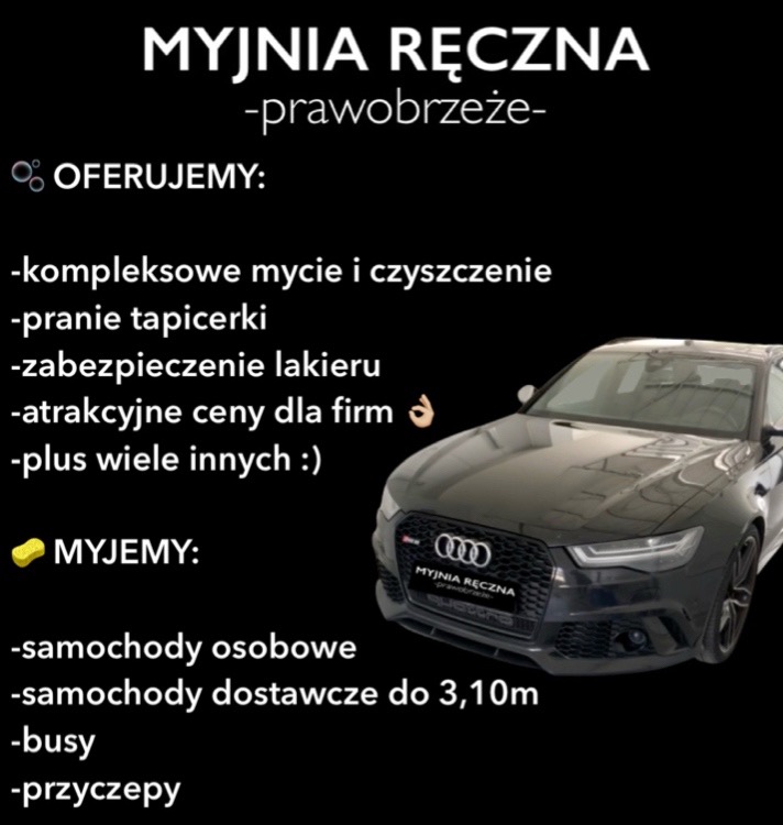 Plakat reklamowy myjni ręcznej z ofertą usług: kompleksowe mycie, pranie tapicerki, zabezpieczenie lakieru, atrakcyjne ceny dla firm, mycie samochodów osobowych, dostawczych do 3,10m, busów...