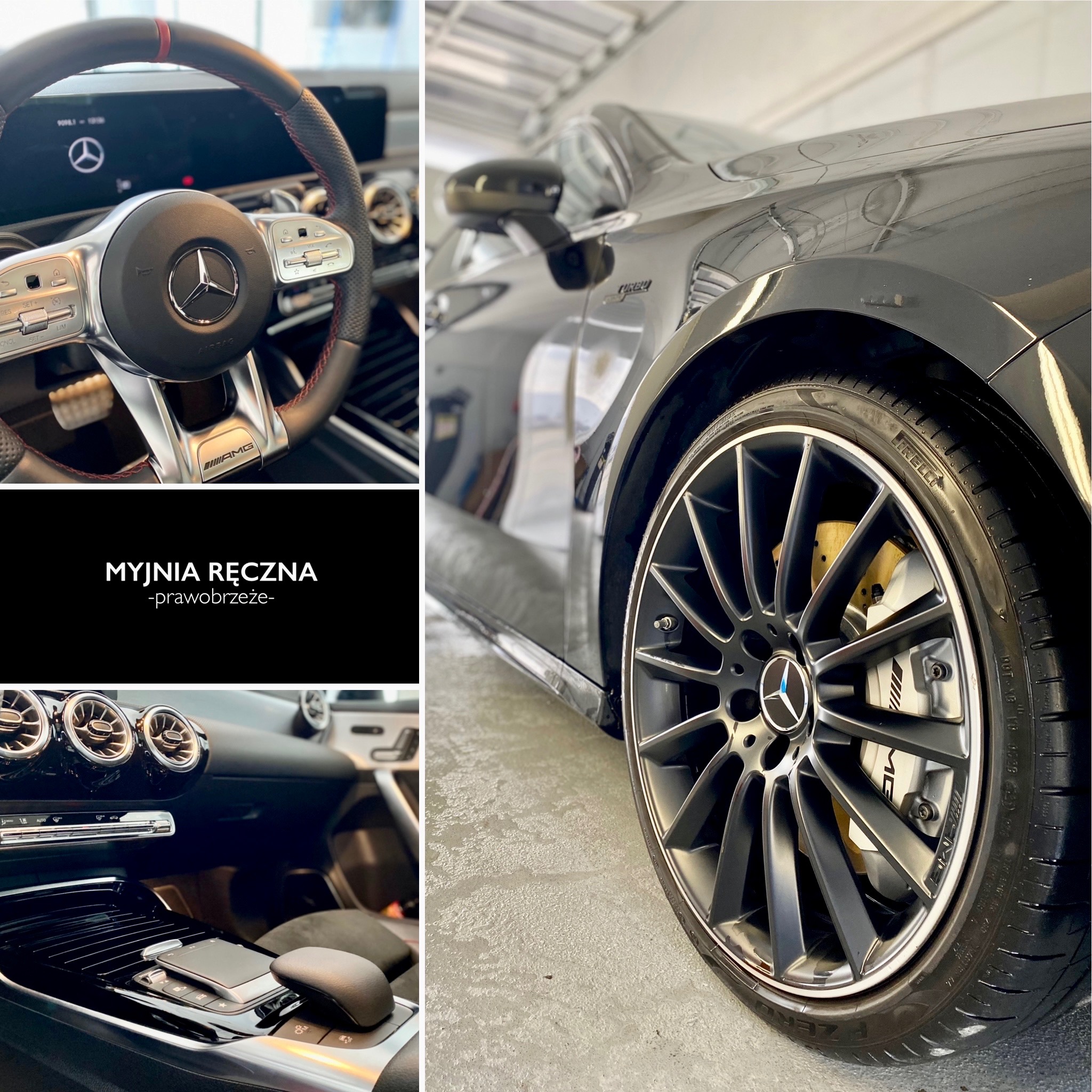 Wielopanelowe ujęcie wnętrza i karoserii czarnego Mercedesa AMG po umyciu: kierownica z czerwonym przeszyciem, błyszcząca deska rozdzielcza, felga z logo i opona Pirelli.