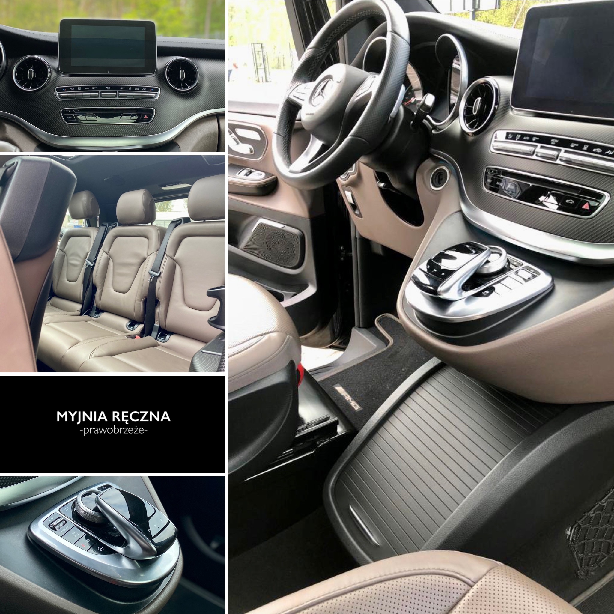 Wnętrze luksusowego samochodu Mercedes-Benz po detailingu: skórzane fotele w odcieniach beżu, deska rozdzielcza z elementami karbonu, czyste dywaniki AMG, panoramiczny widok z okien.