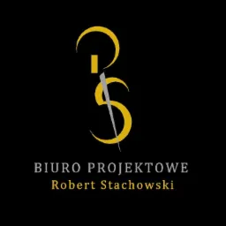 Eleganckie logo biura projektowego Roberta Stachowskiego na czarnym tle, stylizowane litery z igłą.