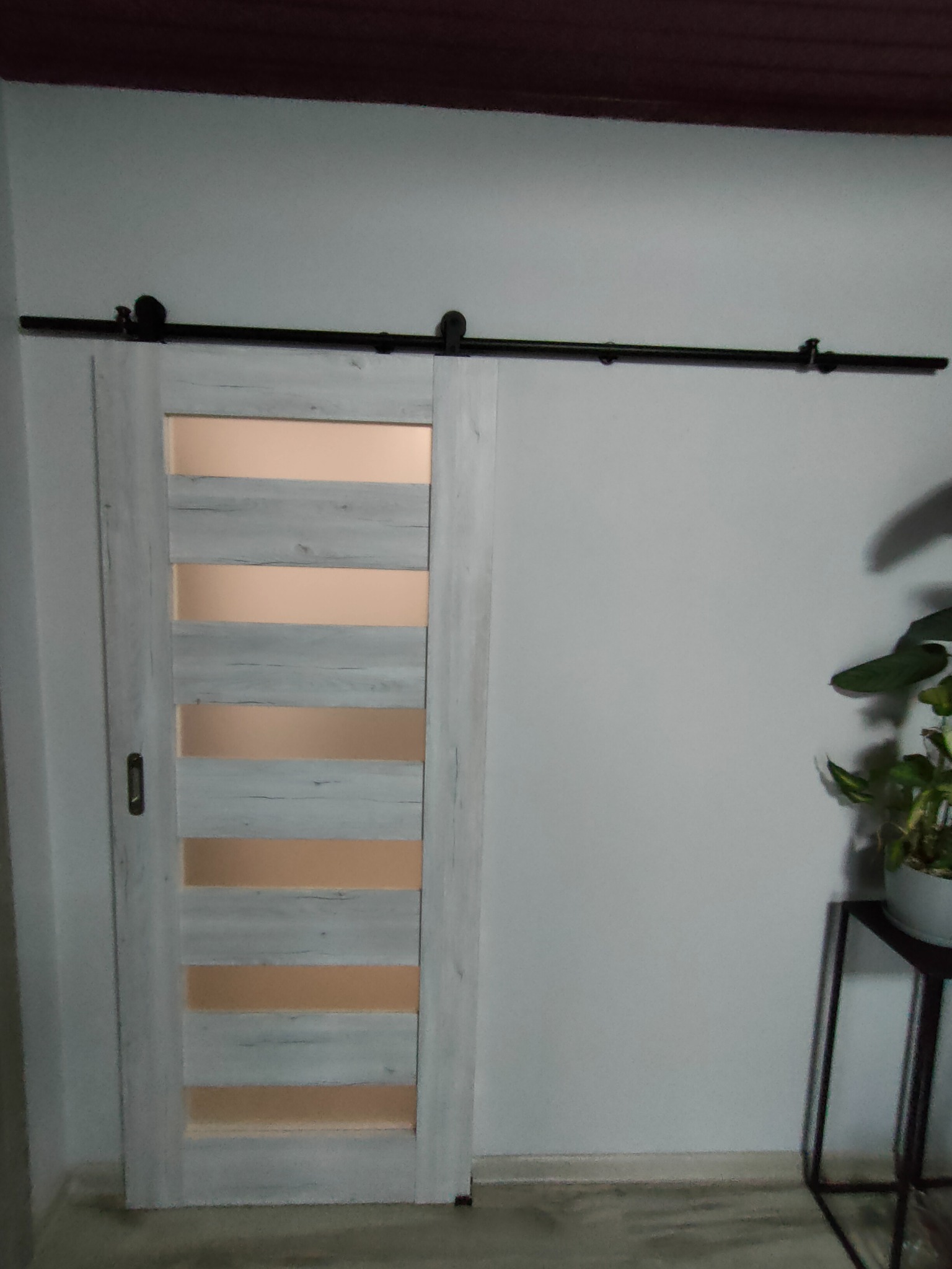 Zamknięte przesuwne drzwi z szarym drewnopodobnym wykończeniem i poziomymi, matowymi szybami, zamontowane na czarnej szynie, z rośliną doniczkową w tle.