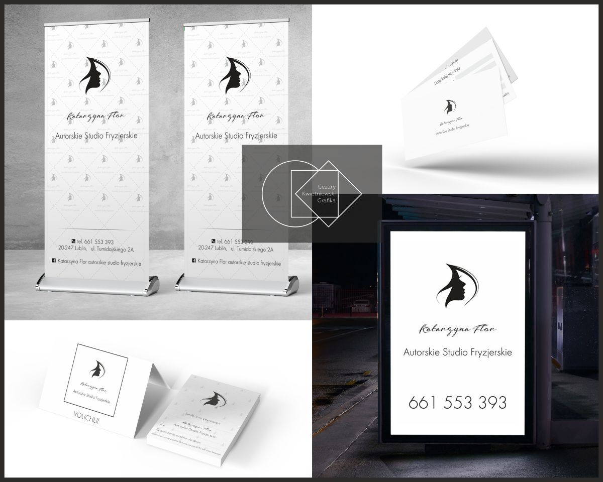Kompozycja materiałów reklamowych dla studia fryzjerskiego Katarzyna Flor, zawierająca roll-upy, wizytówki, vouchery i plakat w witrynie przystanku autobusowego, wszystkie utrzymane w spójnej...
