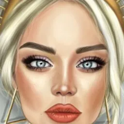 Cyfrowy portret kobiety z blond włosami, złotą aureolą i geometrycznymi kolczykami, stylizowany na ilustrację.