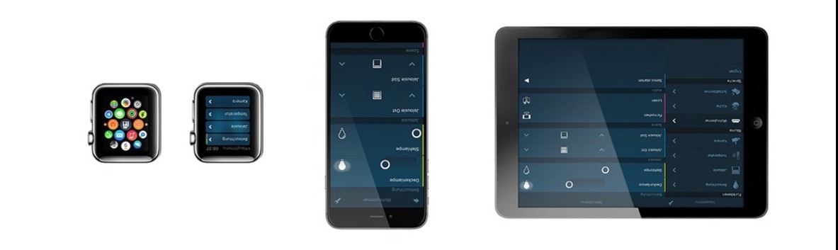 Dwa smartwatche, smartfon i tablet z interfejsem aplikacji do zarządzania domem, prezentujące funkcje sterowania oświetleniem, roletami i temperaturą.