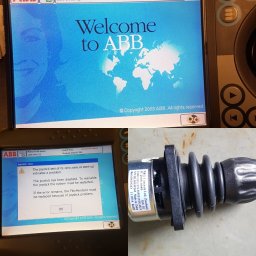 LAPSERWIS Zenon Smuda - Ekran panelu sterowania ABB z komunikatem o błędzie joysticka oraz zbliżenie na sam joystick, sugerujące potrzebę naprawy lub wymiany.
