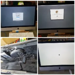 Cztery ujęcia komputera iMac: ekran powitalny, ekran instalacji systemu OS X Mountain Lion, wnętrze komputera z widocznym wentylatorem i dyskiem twardym, oraz biały ekran z logo Apple.