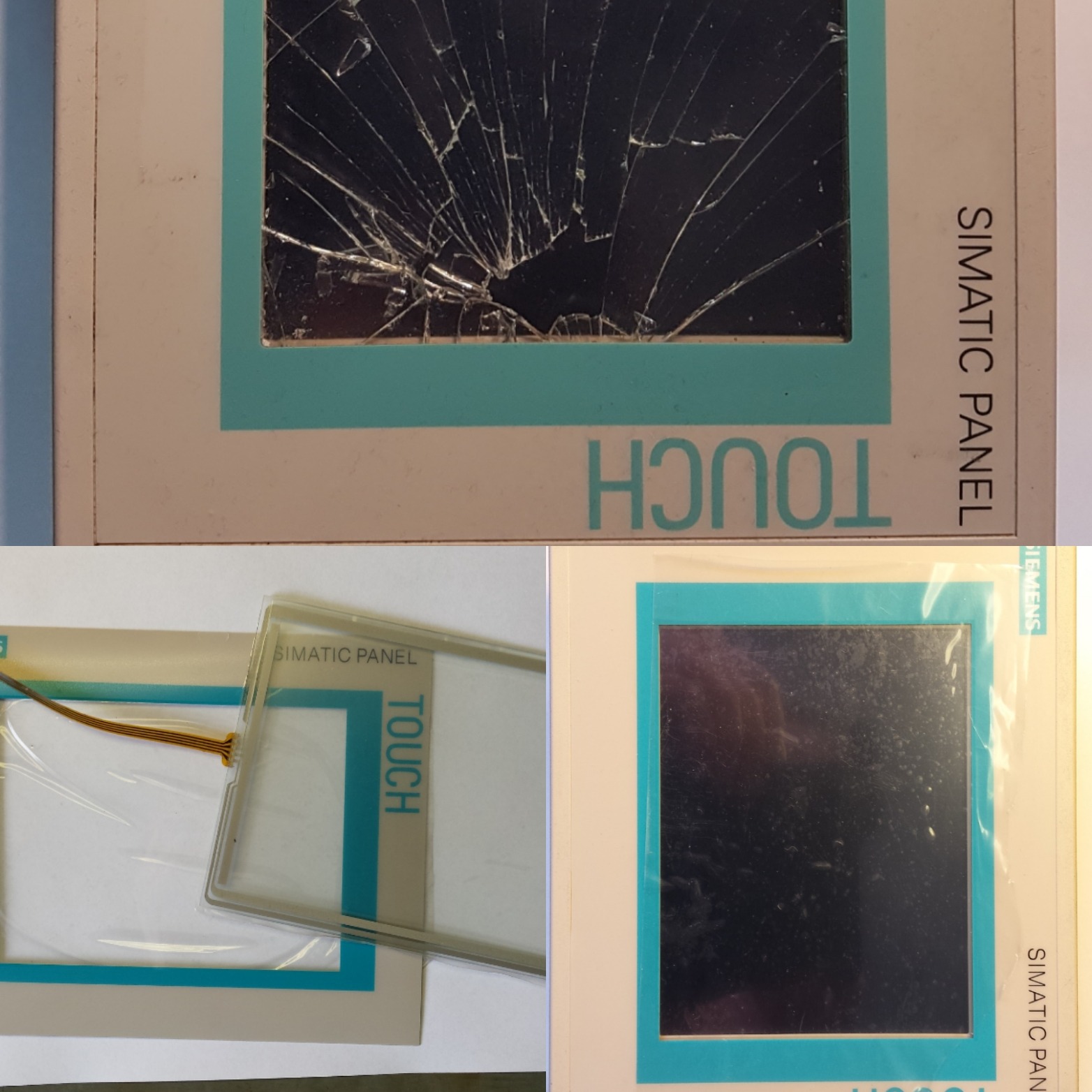 Uszkodzony panel dotykowy Simatic, widoczne pęknięcia na ekranie. Obok nowy panel dotykowy w folii ochronnej.