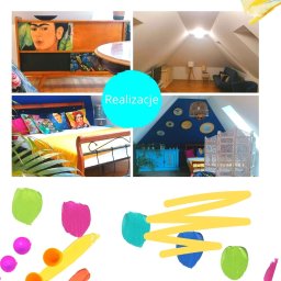 FriDom - Kolaż prezentujący zrealizowane projekty wnętrz: odrestaurowany kredens z motywem Fridy Kahlo, pokój na poddaszu z meblami w stylu skandynawskim oraz sypialnia z niebieską ścianą i etnicznymi...