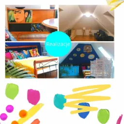 Kolaż prezentujący zrealizowane projekty wnętrz: odrestaurowany kredens z motywem Fridy Kahlo, pokój na poddaszu z meblami w stylu skandynawskim oraz sypialnia z niebieską ścianą i etnicznymi...