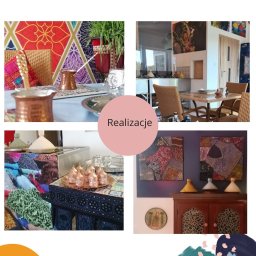 FriDom - Kolaż prezentujący zrealizowane projekty wnętrz: stolik z kawą w stylu marokańskim, jadalnia z rattanowymi krzesłami, ekspozycja przypraw i dekoracji, komoda z marokańskimi tagine i obrazami.