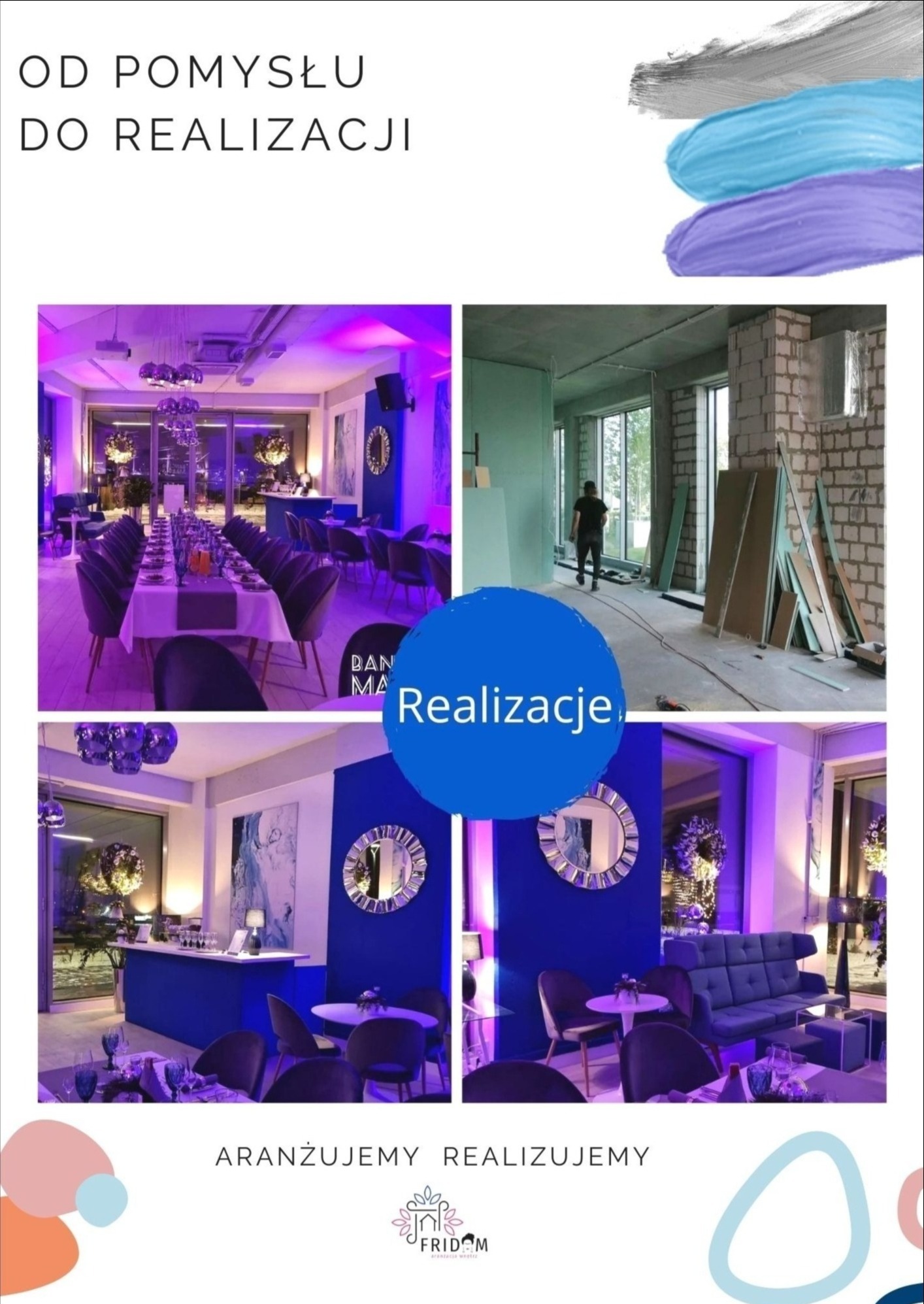 Kolaż zdjęć przedstawiający etapy realizacji aranżacji wnętrza lokalu: surowy stan oraz gotowe, oświetlone pomieszczenie z nakrytymi stołami i dekoracjami w odcieniach fioletu i granatu.